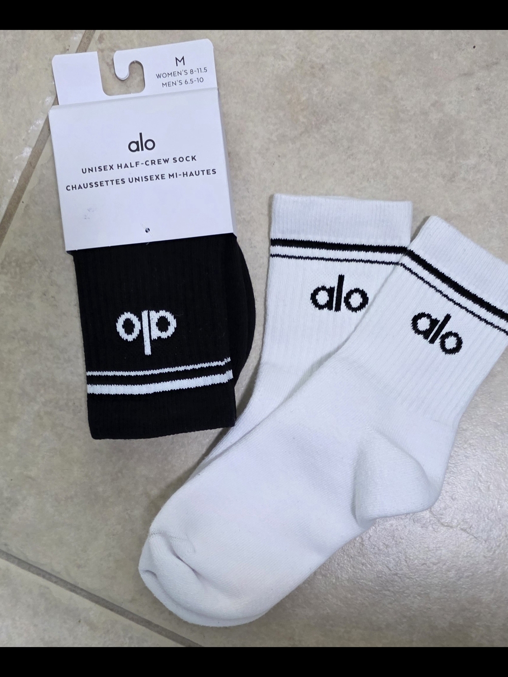ALO Yoga Unisex Half-Crew Socks in White and Black Bundle New